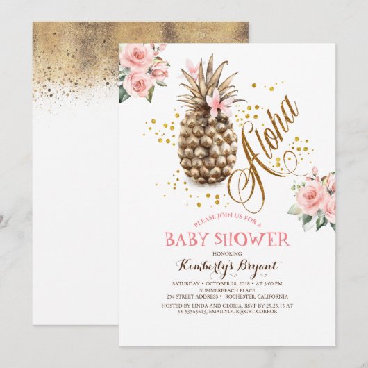 Invitation Baby shower de plage Floral rose ananas (Devant / Derrière)