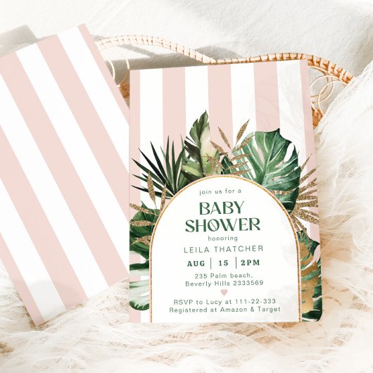 Invitation Baby shower de plage rétro à rayures roses