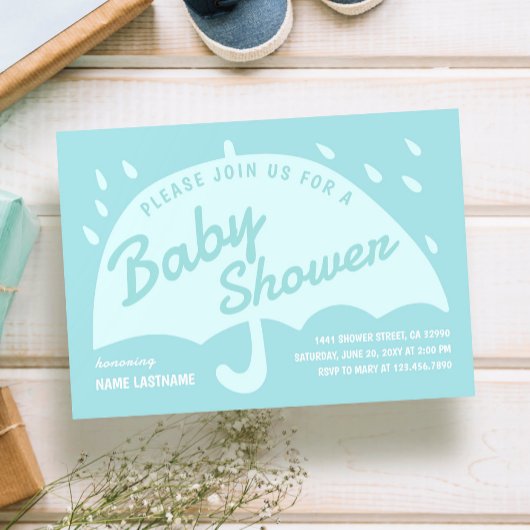 Invitation Baby shower de pluie simple bleu moderne