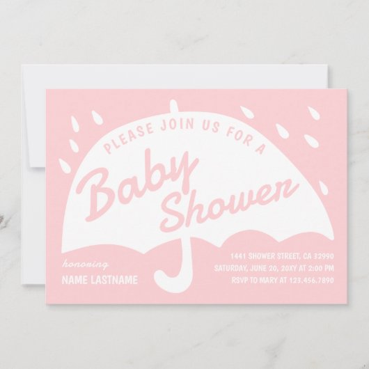 Invitation Baby shower de pluie simple rose blanc parapluie m (Devant)