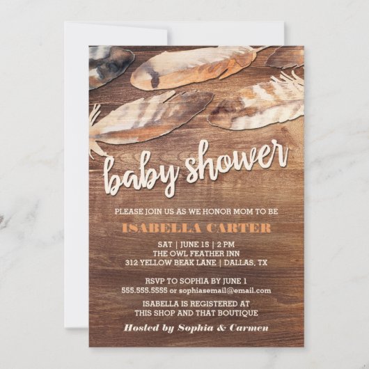 Invitation Baby shower de plumes rustiques (Devant)