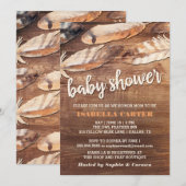 Invitation Baby shower de plumes rustiques (Devant / Derrière)