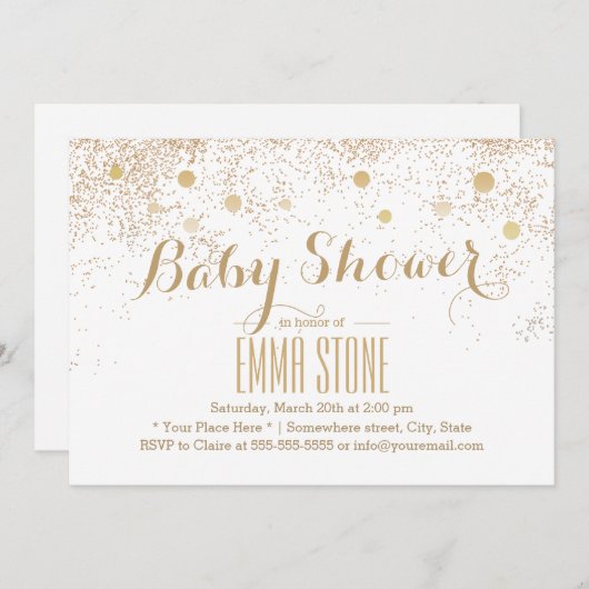Invitation Baby shower de points Confetti Or Moderne (Devant / Derrière)