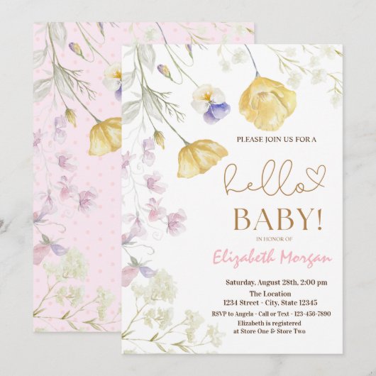 Invitation Baby shower de points roses Fleurs sauvages d'aqua (Devant / Derrière)