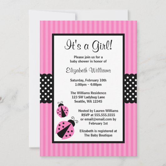 Invitation Baby shower de points triés roses et noirs de Lady (Devant)