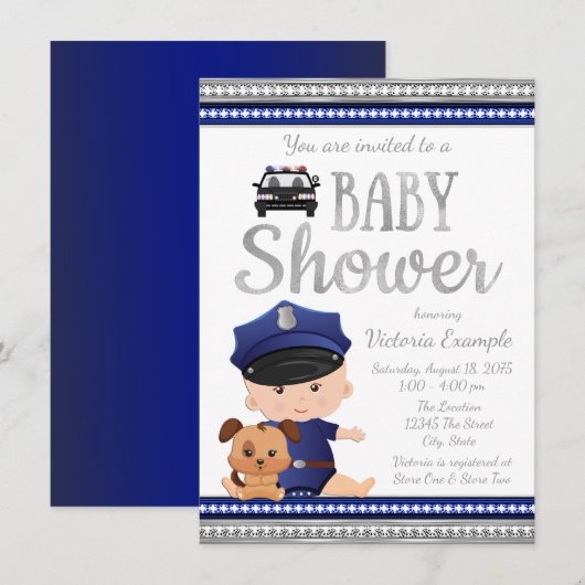 Invitation Baby shower de police mignonne (Devant / Derrière)
