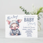 Invitation Baby shower de porc Dusty Blue Boy Farm (Debout devant)