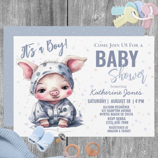 Invitation Baby shower de porc Dusty Blue Boy Farm