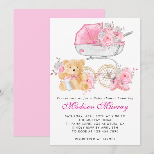 Invitation Baby shower de poussette à poussette rose-rose (Devant / Derrière)