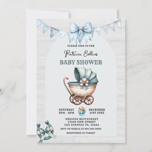 Invitation Baby shower de poussette de cowboy bleu (Devant)