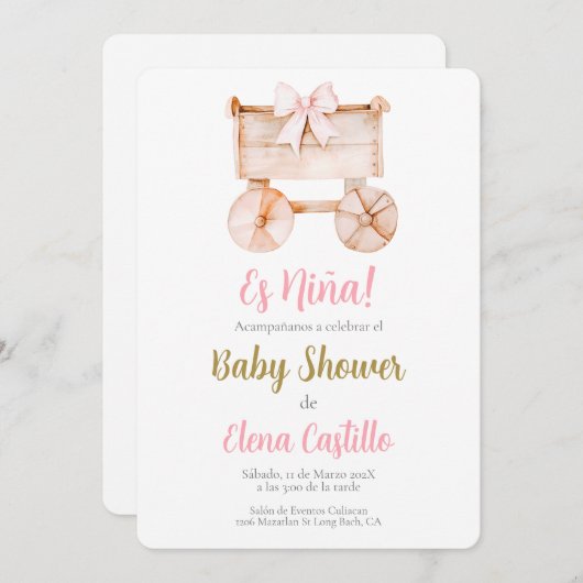 Invitation Baby shower de poussette en bois fille en espagnol (Devant / Derrière)