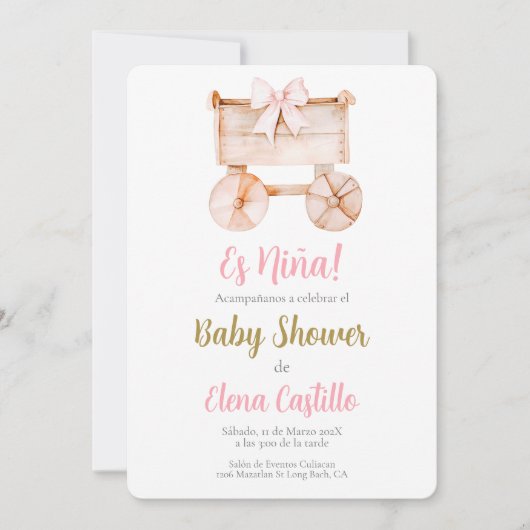 Invitation Baby shower de poussette en bois fille en espagnol (Devant)