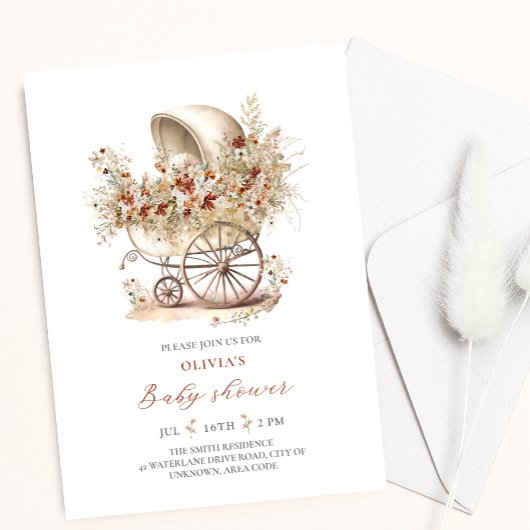 Invitation Baby shower de poussette fleur sauvage aquarelle