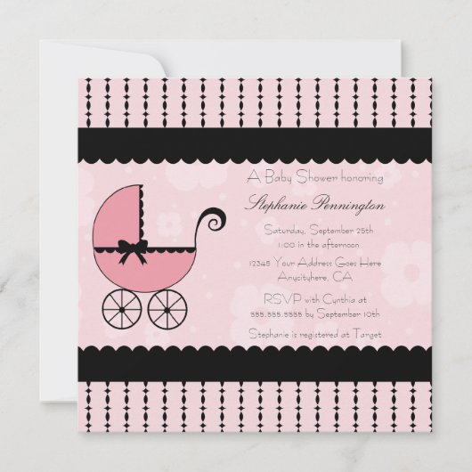 Invitation baby shower de poussette moderne noir rose (Devant)