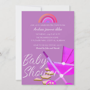 Invitation Baby shower de poussette rose arc-en-ciel simple