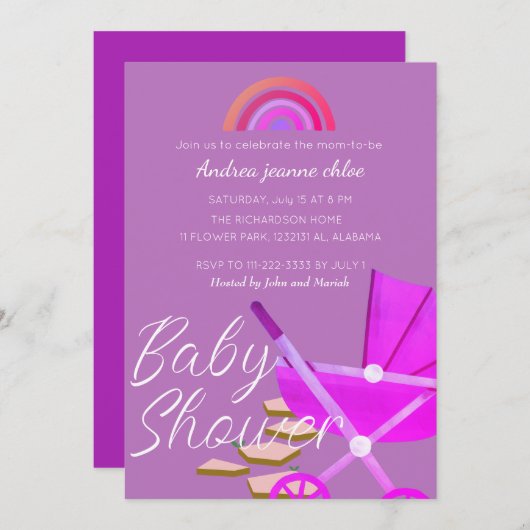 Invitation Baby shower de poussette rose arc-en-ciel simple (Devant / Derrière)