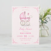 Invitation Baby shower de poussette rose pastel (Debout devant)