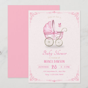 Invitation Baby shower de poussette rose pastel