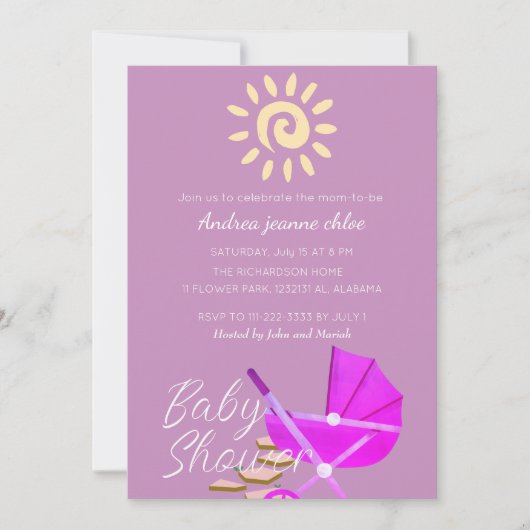 Invitation Baby shower de poussette rose soleil moderne simpl (Devant)
