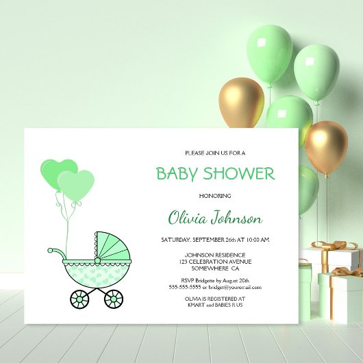 Invitation Baby shower de poussette verte neutre pour les fem