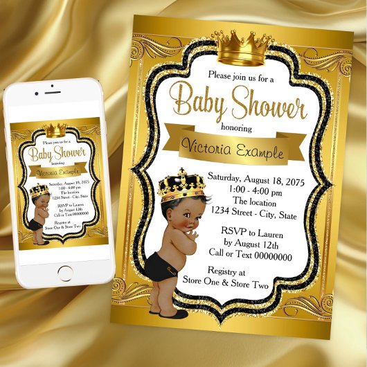 Invitation Baby shower de Prince afro-américain noir et or