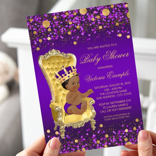 Invitation Baby shower de Prince Afro-Américain Purple Gold