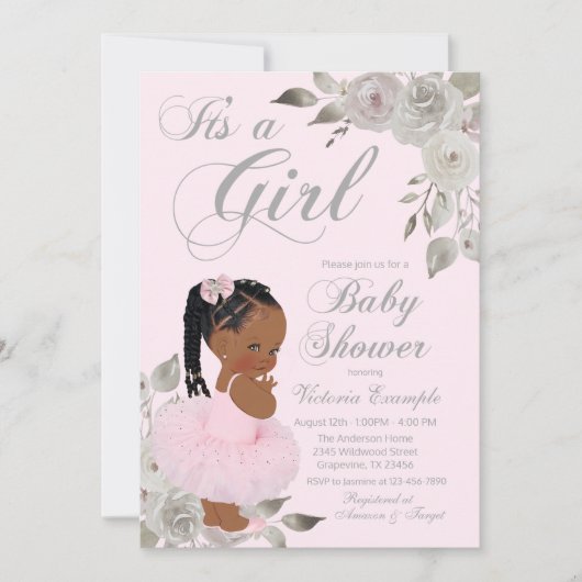 Invitation Baby shower de princesse africaine en argent rose (Devant)
