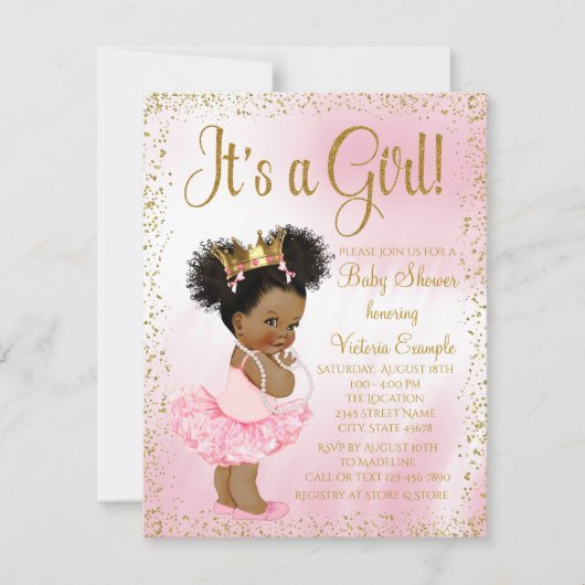 Invitation Baby shower de princesse afro-américaine d'or rose (Devant)