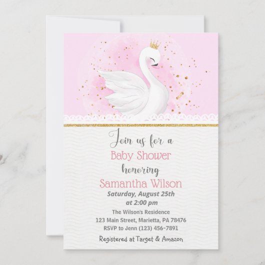 Invitation Baby shower de princesse de cygne rose  (Devant)