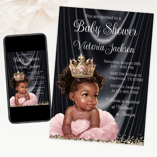 Invitation Baby shower de princesse noire africaine rose