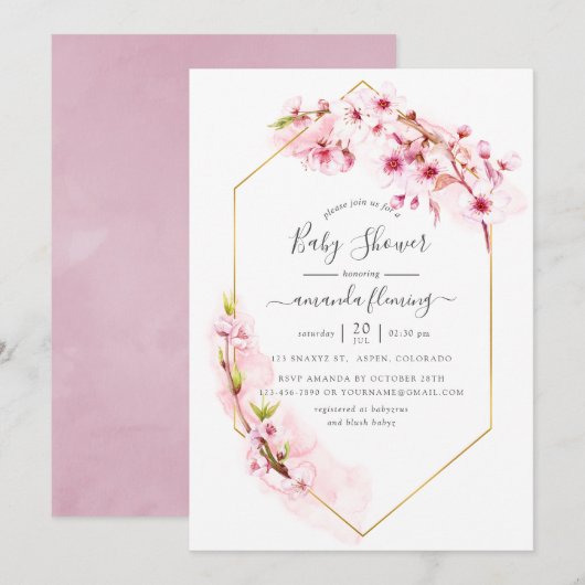 Invitation Baby shower de printemps de fleurs de cerisier ros (Devant / Derrière)