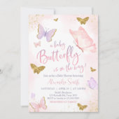 Invitation Baby shower de printemps de papillon rose or (Devant)