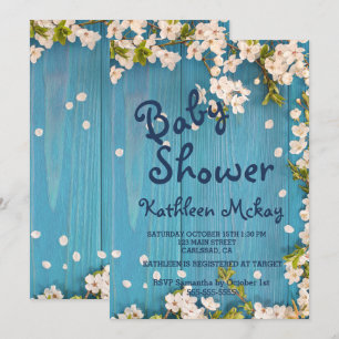 Invitation Baby shower de printemps en bois bleu rustique