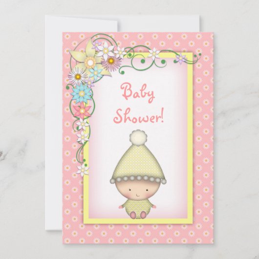Invitation Baby shower de printemps rose et jaune pour filles (Devant)
