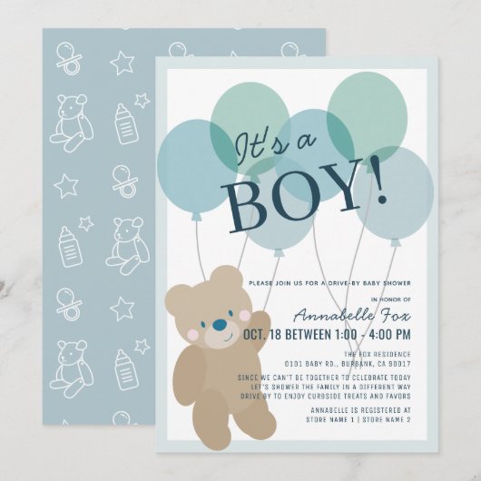 Invitation Baby shower de promenade de Teddy Bear Balloon Blu (Devant / Derrière)
