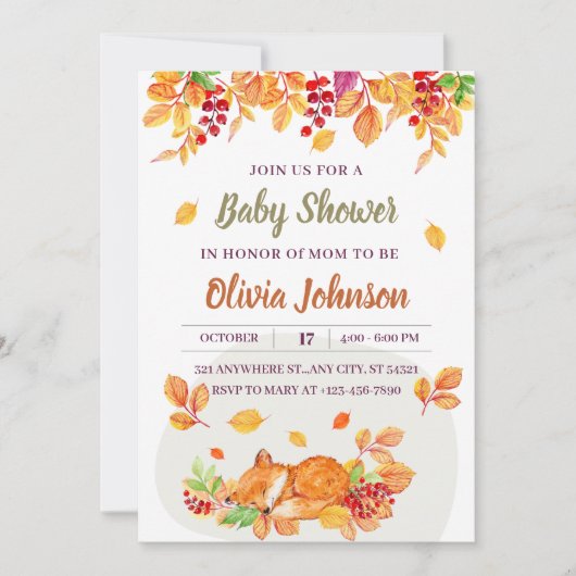 Invitation Baby shower de renard animal de bois mou (Devant)