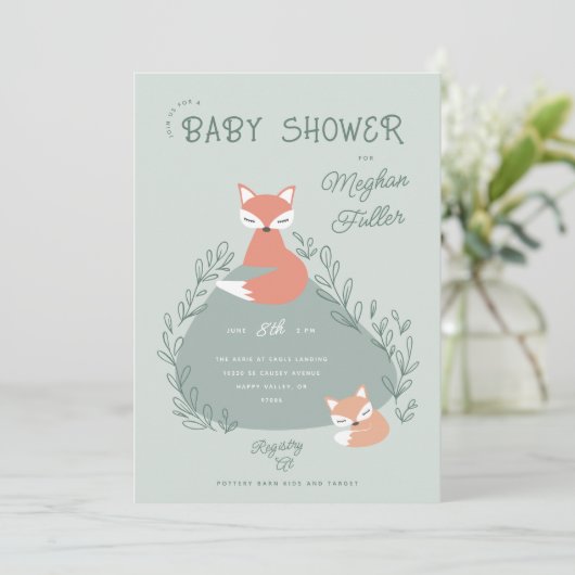 Invitation Baby shower de renards boho verts (Debout devant)