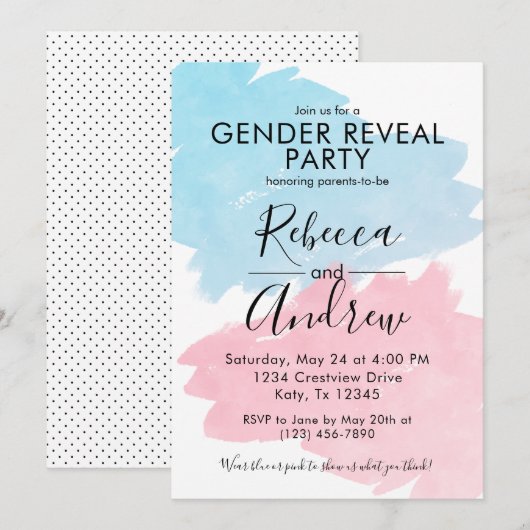 Invitation Baby shower de révélation de genre rose et bleu (Devant / Derrière)