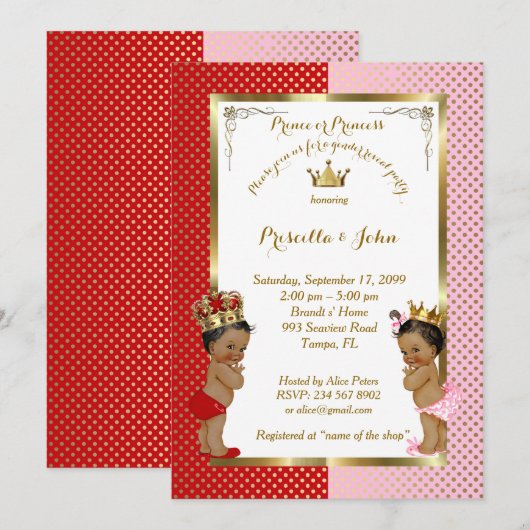 Invitation Baby shower de révélation de genre, rouge, rose, o (Devant / Derrière)