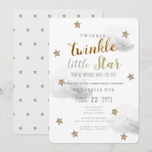 Invitation Baby shower de révélation de genre Twinkle Little (Devant / Derrière)