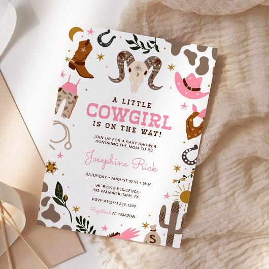 Invitation Baby shower de rodéo occidental Pink Little Cowgir