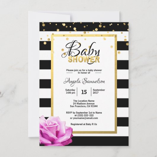 Invitation Baby shower de rose rose rose rose noire or noir (Devant)