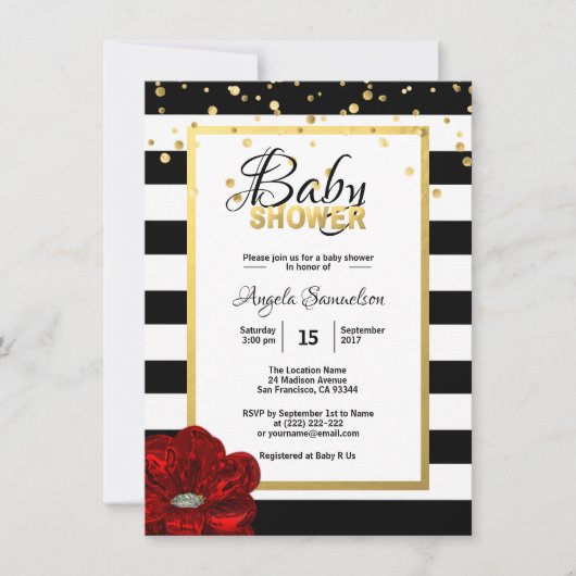 Invitation Baby shower de rose rouge à fleurs blanches d'or (Devant)