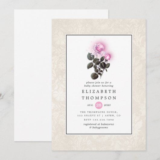 Invitation Baby shower de roses roses étincelantes (Devant / Derrière)