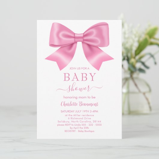 Invitation Baby shower de ruban rose (Debout devant)