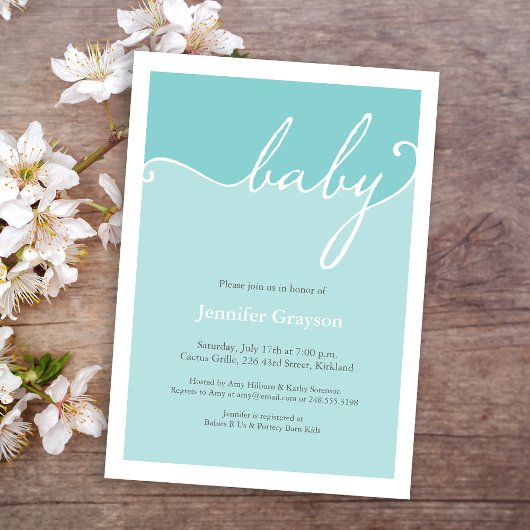 Invitation Baby shower de script Aqua Calligraphie moderne