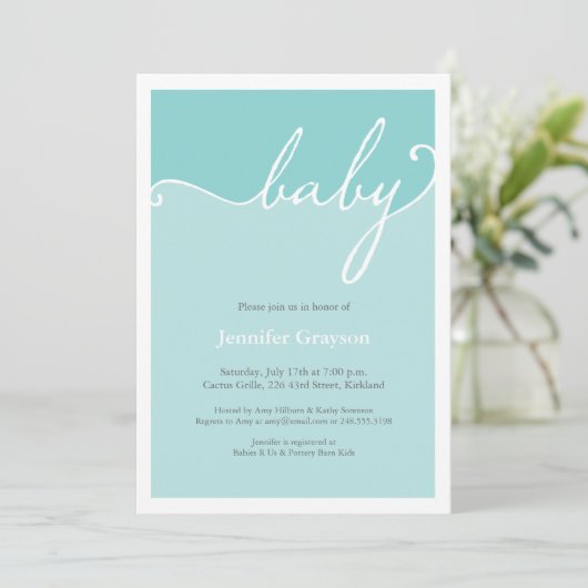 Invitation Baby shower de script Aqua Calligraphie moderne (Debout devant)