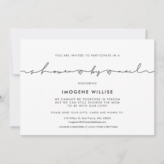Invitation Baby shower de script blanc mignon par courrier (Devant)