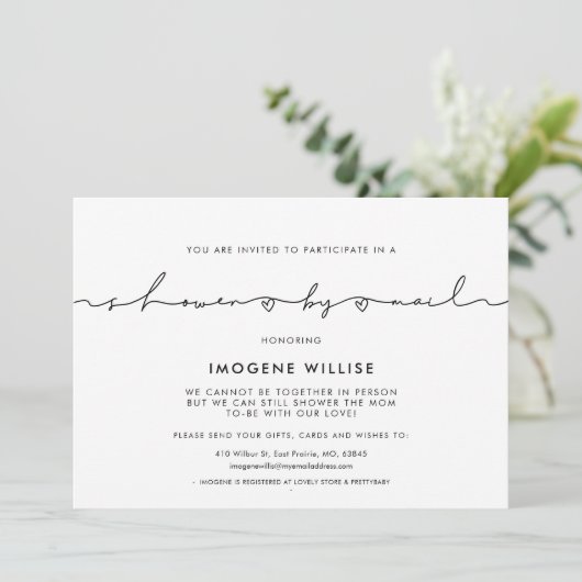 Invitation Baby shower de script blanc mignon par courrier (Debout devant)