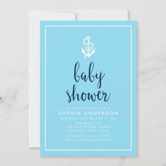 Invitation Baby shower de script bleu Ancre (Devant)